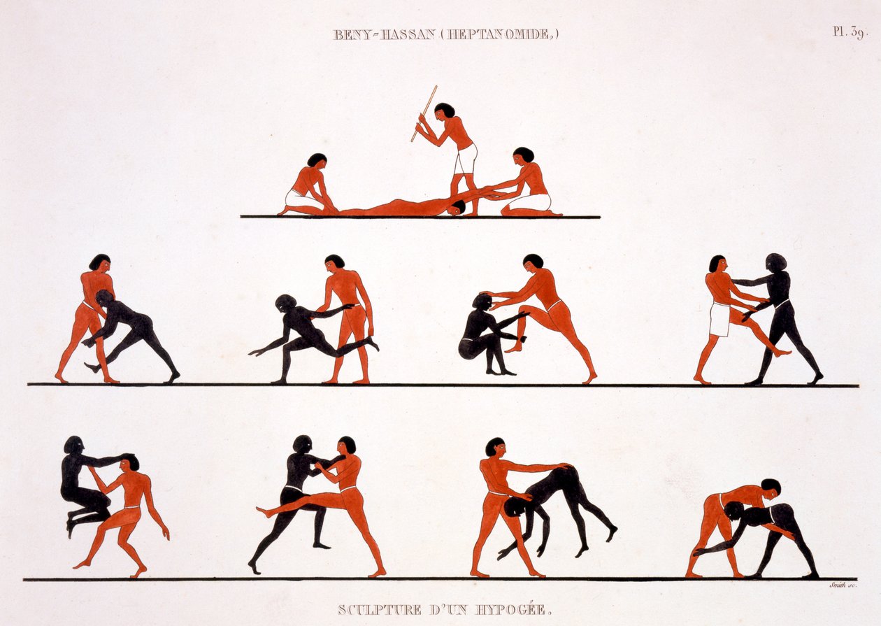 Øverst: At straffe en indfødt mand med en stok, Nederst: Forskellige wrestling-stillinger af Frederic Cailliaud