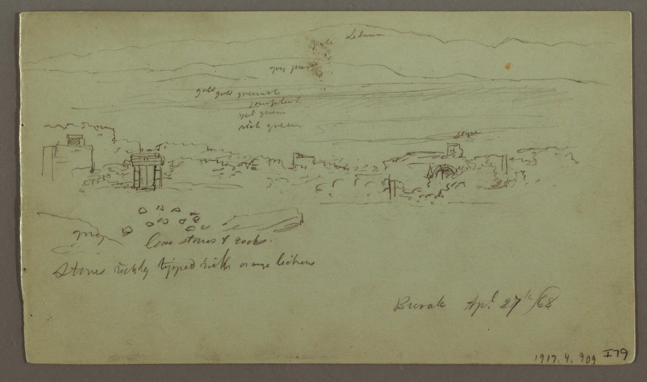 Tegning, kampesten, hus, april 1868 af Frederic Edwin Church