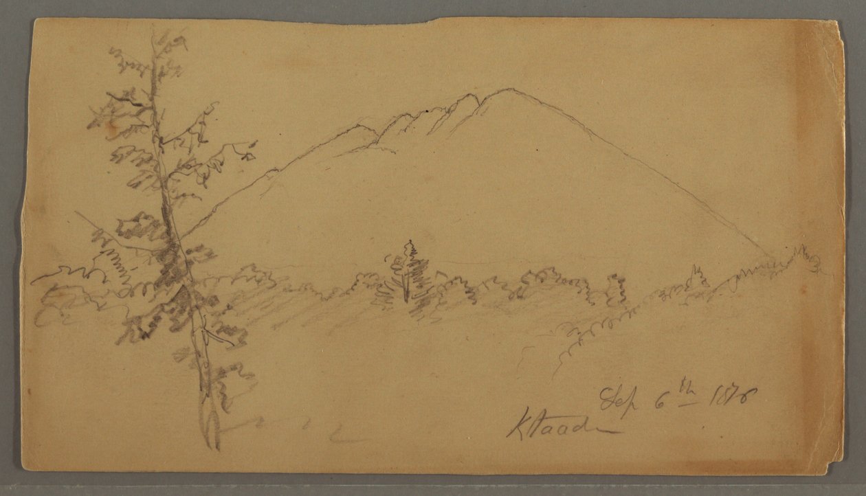 Tegning, Katahdin -bjerg, skov, træ i forgrunden af Frederic Edwin Church