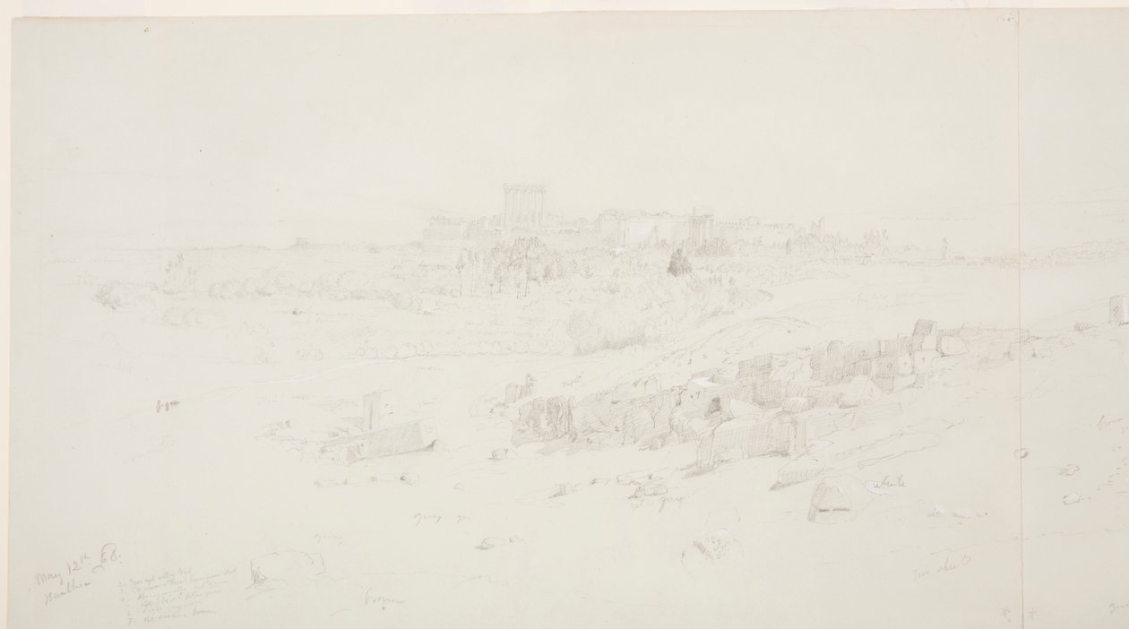 Tegning, templer om morgenen, Baalbek, 12. maj 1868 af Frederic Edwin Church