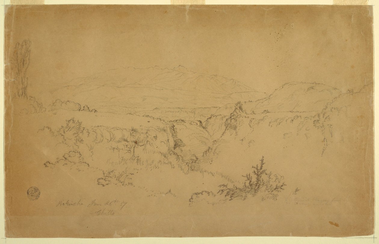 Tegning, udsigt over Mount Pichincha fra Chillo, Ecuador, 26. juni 1857 af Frederic Edwin Church