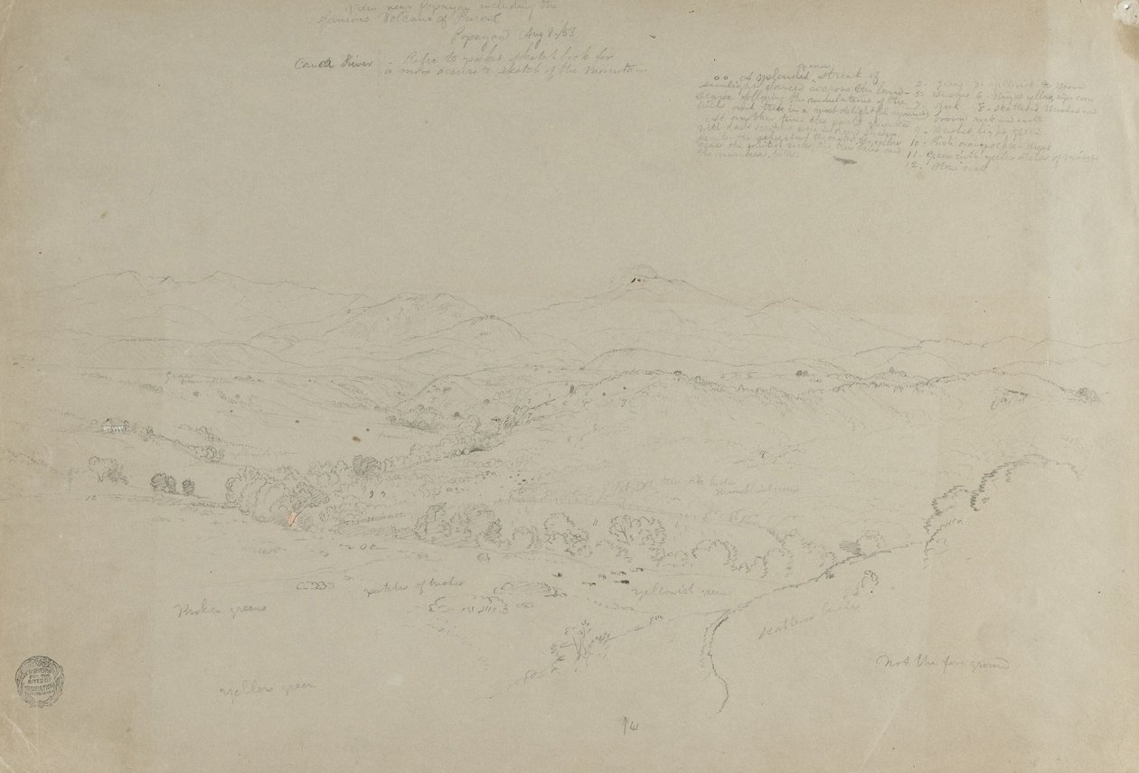 Undersøgelse. Landskab med Mount Puresé. Skitse. Landskab. af Frederic Edwin Church