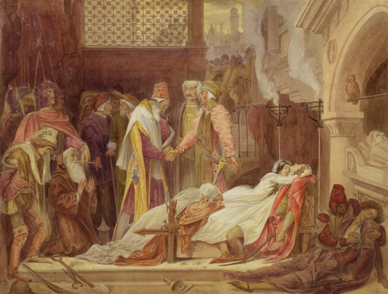Forsoningen mellem montauerne og capuletterne, ca. 1854 (wc, bodycolour og tyggegummi over grafit på papir) af Frederic Leighton