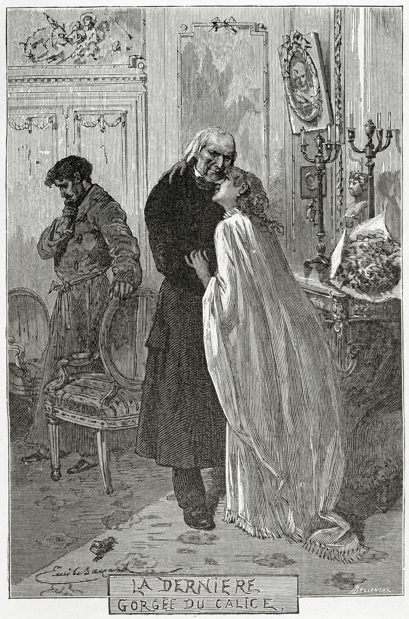 The Last Gorge of Chalice - Illustration fra Les Misérables, 1800-tallet (bw-gravering) af Frederic Theodore Lix