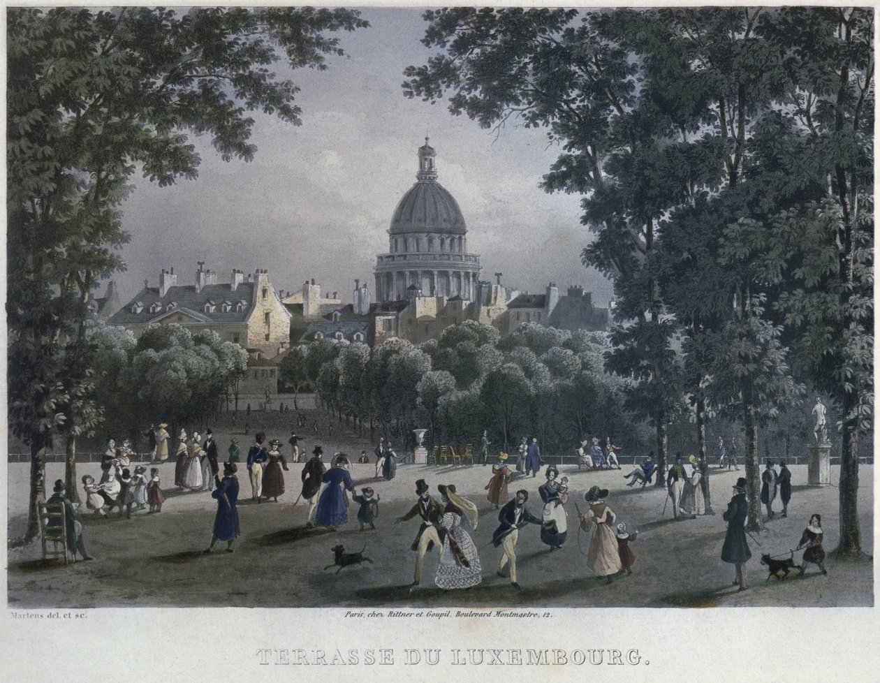 Jardin du Luxembourg, graveret af Frederic Martens (1809-75) 1832 (farvestik) af Frederic Martens