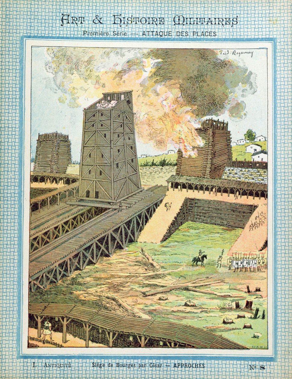 Belejringen af Bourges under Julius Cæsars invasion af Gallien (100-44 f.Kr.) fra et beskyttelsesomslag til skolebøger, slutningen af det 19. århundrede af Frederic Regamey
