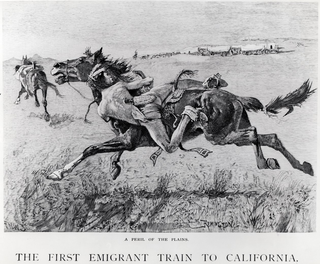 A Peril of the Plains, det første emigranttog til Californien, indgraveret af F.H.W. af Frederic Remington