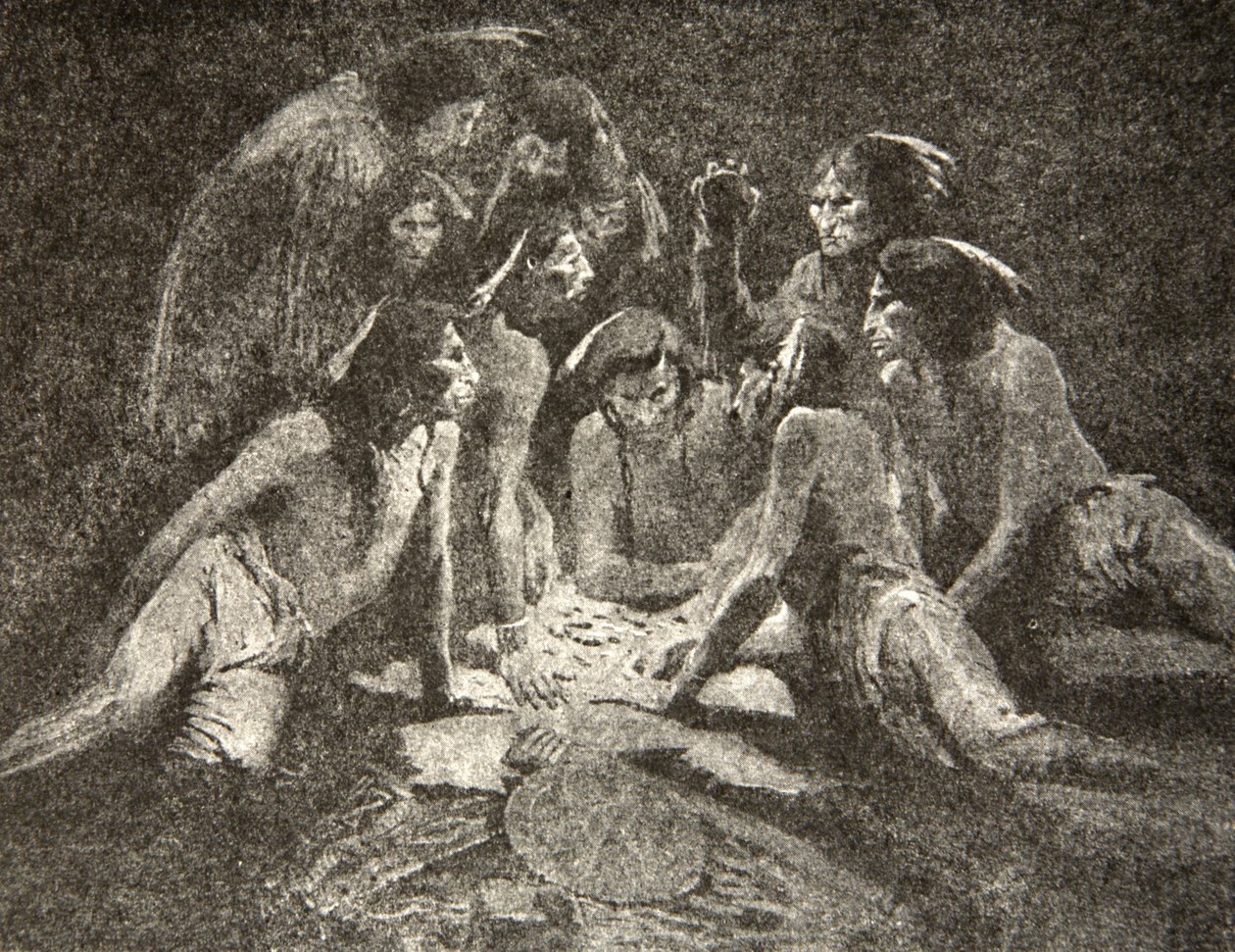 Alle de gamle mænd og de unge mænd... Spillet indtil midnat, spillet til morgen, fra The Song of Hiawatha af Henry Wadsworth Longfellow (1807-82), pub. af George G. Harrap und Company Ltd., 1911 af Frederic Remington