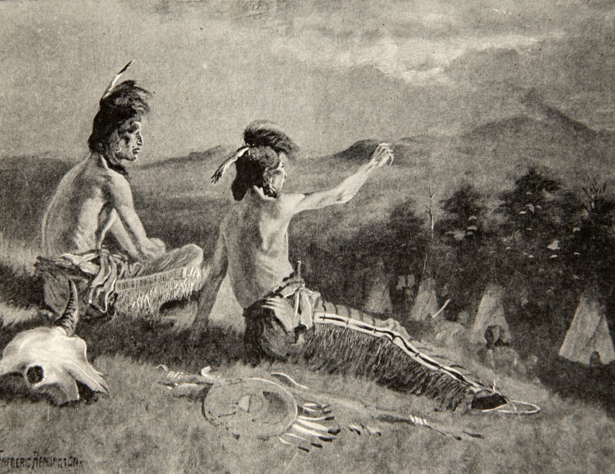 Alle stammerne så signalet, så den fjerne røg stige op, fra The Song of Hiawatha af Henry Wadsworth Longfellow (1807-82), udgivet af George G. Harrap und Company Ltd., 1911. af Frederic Remington