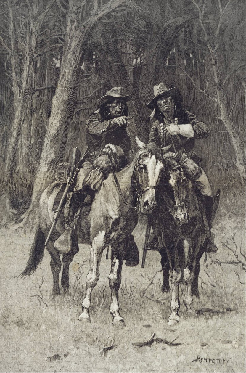 Cheyenne -spejdere patruljerer det store tømmer i det nordlige Canada, Oklahoma af Frederic Remington