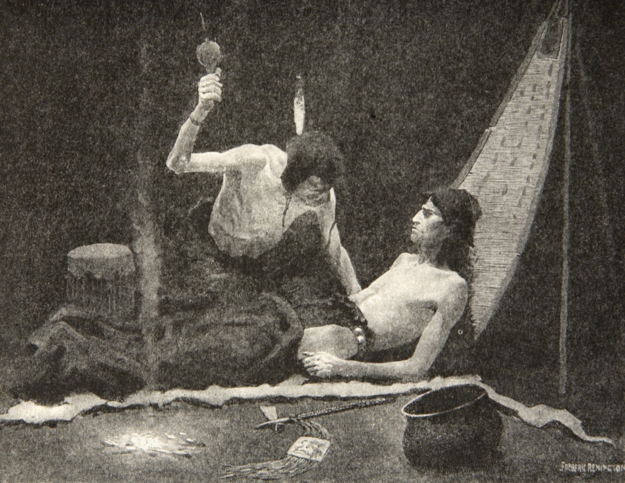 Jeg kan blæse dig stærk, min bror, jeg kan helbrede dig, Hiawatha! fra The Song of Hiawatha af Henry Wadsworth Longfellow (1807-82), udgivet af George G. Harrap und Company Ltd., 1911. af Frederic Remington