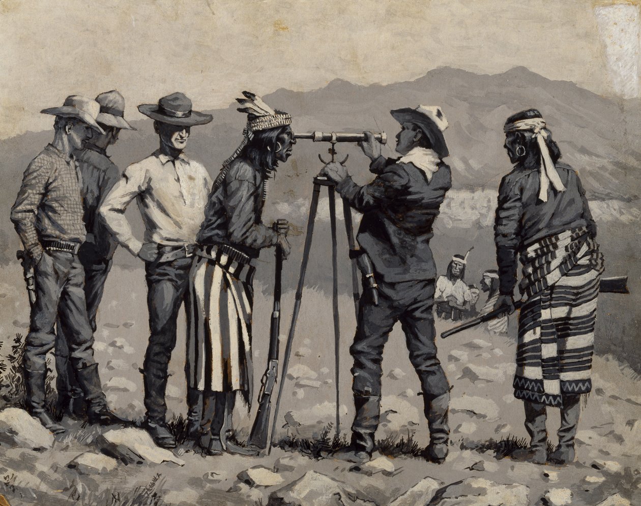 Ser gennem teleskopet, ca. 1888 (olie på bord i sort og hvid) af Frederic Remington