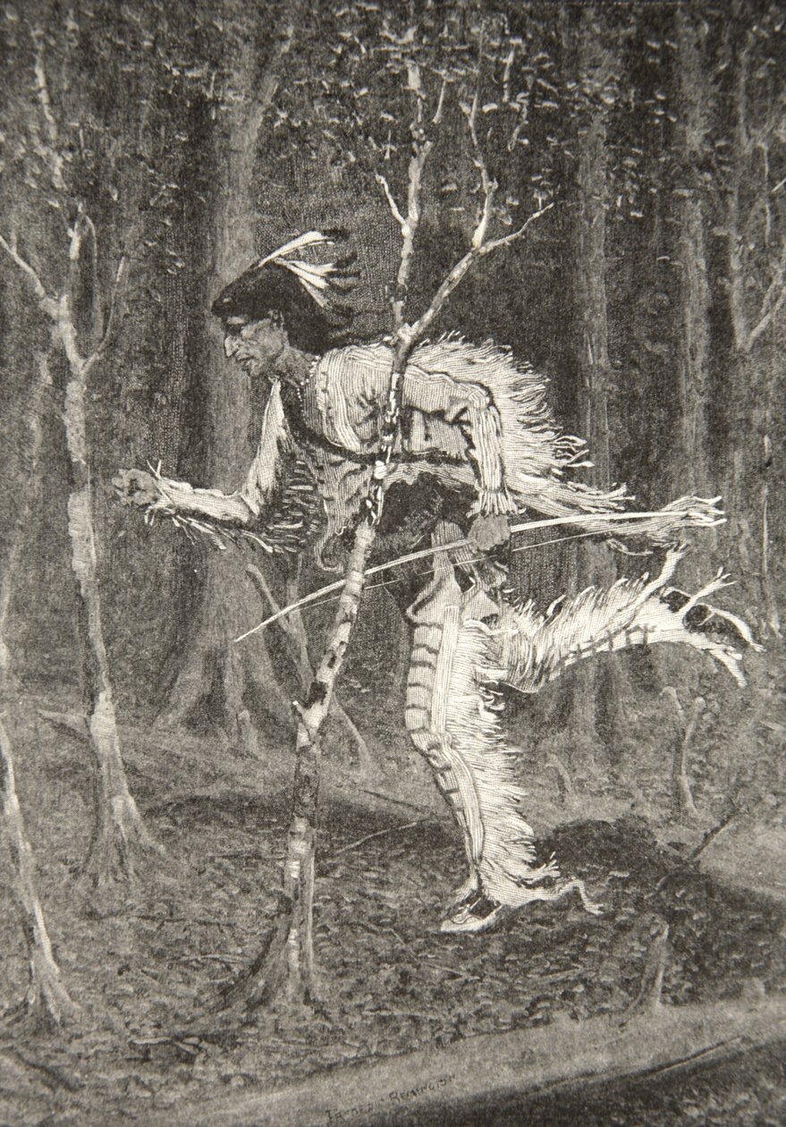 Gennem busk, og bremse og skov, løb den snedige Pau-Puk-Keewis, fra The Song of Hiawatha af Henry Wadsworth Longfellow (1807-82), pub. af George G. Harrap und Company Ltd., 1911 af Frederic Remington