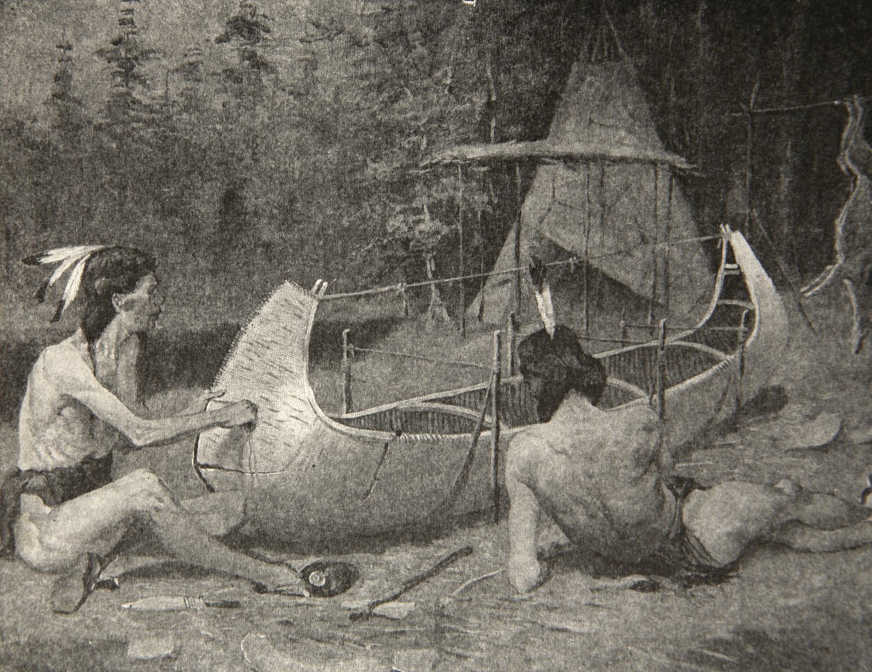 Således blev birkekanoen bygget... I skovens skød, fra The Song of Hiawatha af Henry Wadsworth Longfellow (1807-82), pub. af George G. Harrap und Company Ltd., 1911 af Frederic Remington