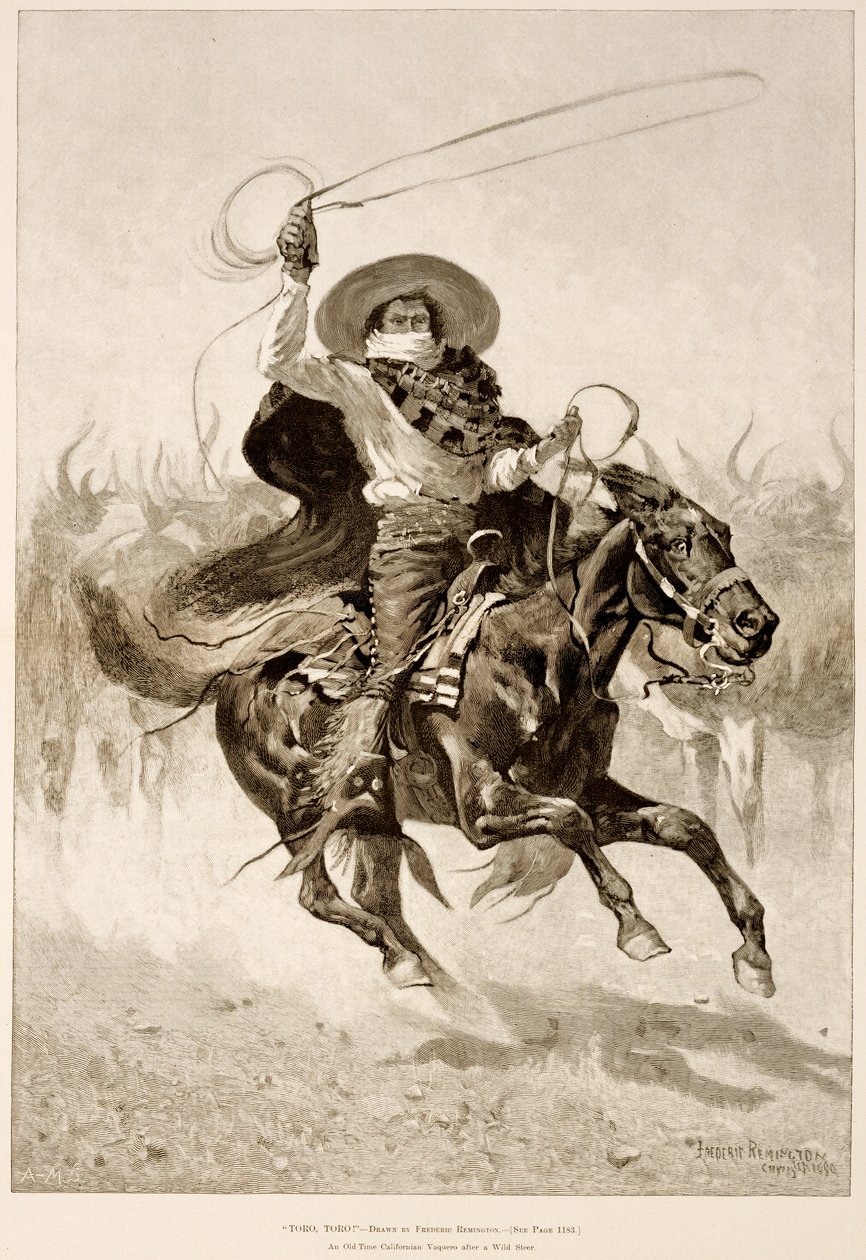 Toro, Toro!, en gammeldags californisk vaquero efter en vild okse (trægravering på avispapir) af Frederic Remington