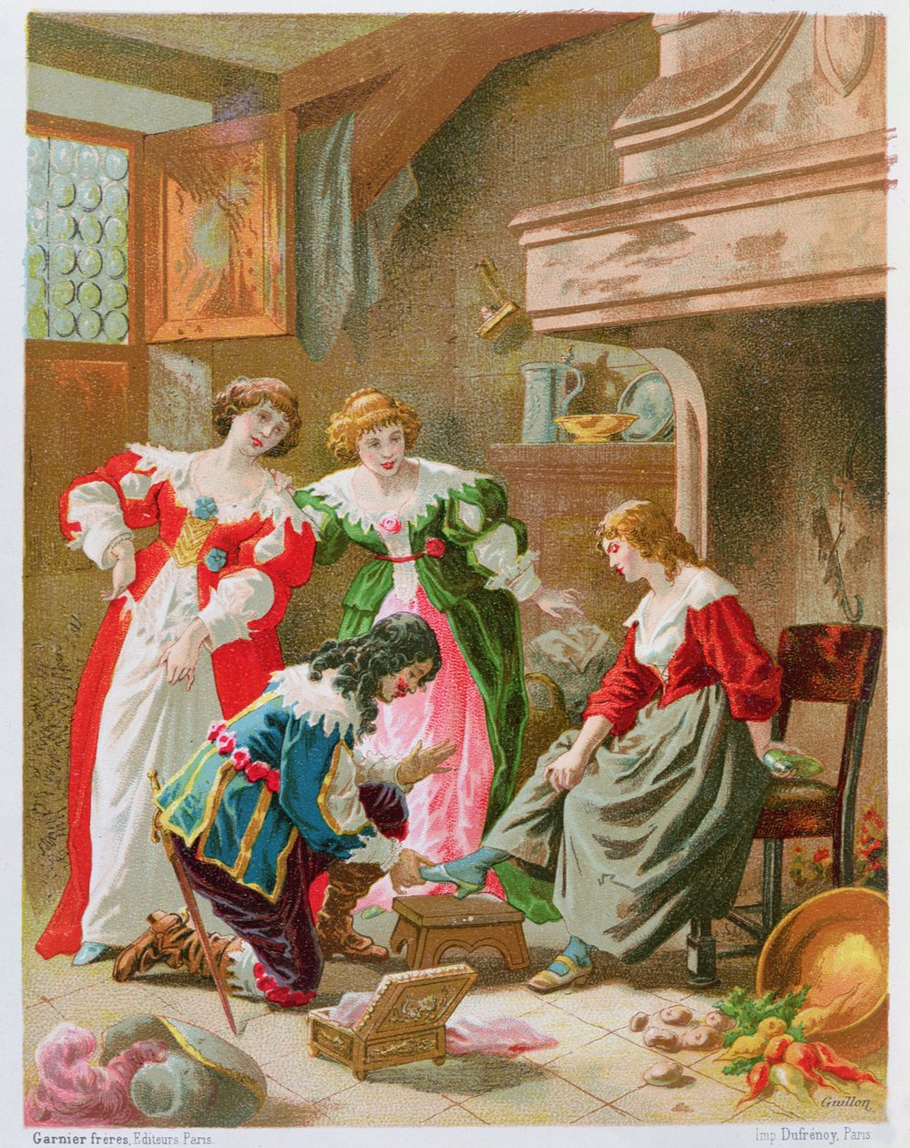 Askepot prøver sin glassko, fra "Les Contes de Perrault" (chromolitho) af Frederic Theodore Lix