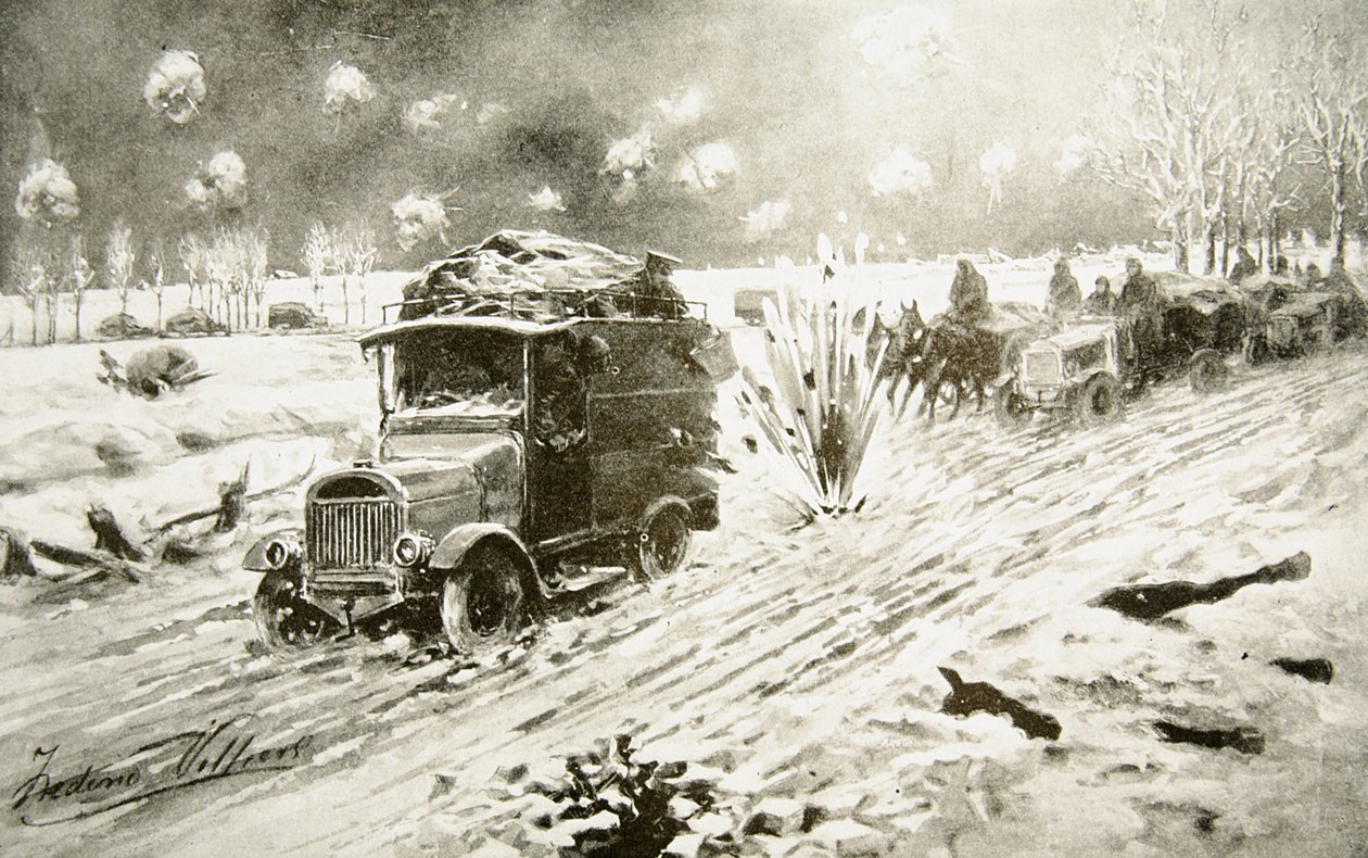 British Transport-tog på vej under kraftig granatild langs de snebundne Ypres-veje af Frederic Villiers
