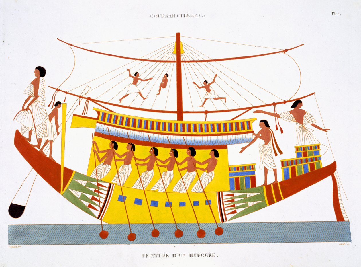 A Riverboat on the Nile, fra en sjælden optegnelse af fresker fra Theben, optaget 1819-1822 på sit andet besøg i Egypten af Frederic Cailliaud (1787-1869), farve litho af Frederic (after) Cailliaud
