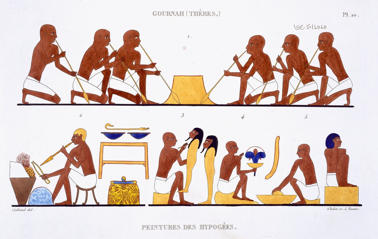 Metalbearbejdning, fra en sjælden optegnelse af fresker fra Theben, optaget 1819-1822 på sit andet besøg i Egypten af Frederic Cailliaud (1787-1869), farve litho af Frederic (after) Cailliaud