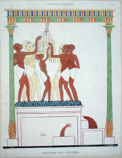Pressing Grapes, kopi af et vægmaleri fra Theben, graveret af Smith (farve litho) af Frederic (after) Cailliaud