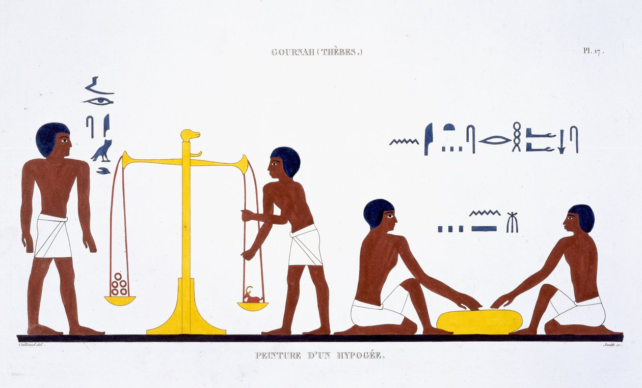 Dødsritualer (emne uklart), fra en sjælden optegnelse af fresker fra Theben, optaget 1819-1822 på sit andet besøg i Egypten af Frederic Cailliaud (1787-1869) (farve litho) af Frederic (after) Cailliaud