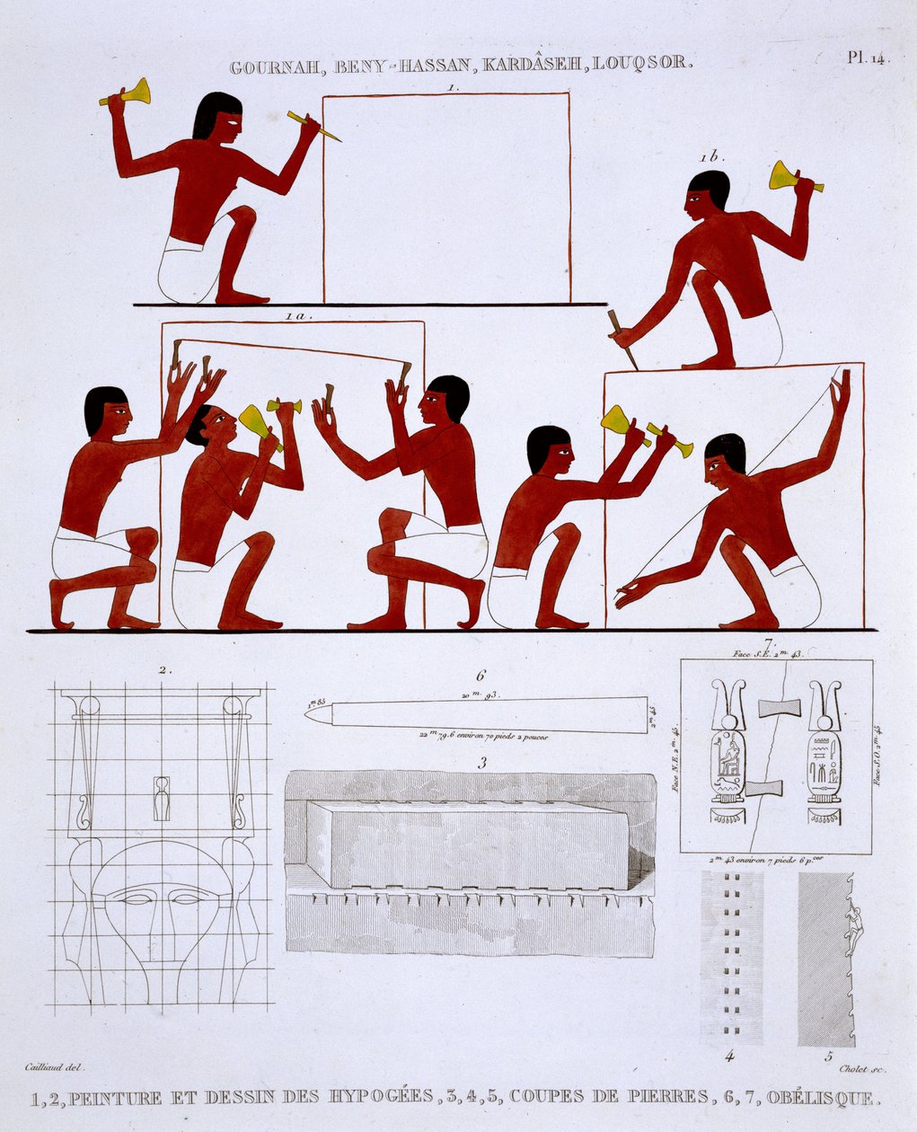 Stonemasons at Work, fra en sjælden optegnelse af fresker fra Theben, optaget 1819-1822 på sit andet besøg i Egypten af Frederic Cailliaud (1787-1869), farve litho af Frederic (after) Cailliaud