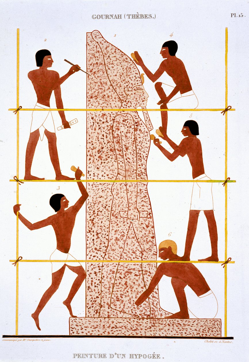Stenhuggere laver kolossal statue af faraoen, fra en sjælden optegnelse af fresker fra Theben, optaget 1819-1822 på sit andet besøg i Egypten af Frederic (after) Cailliaud