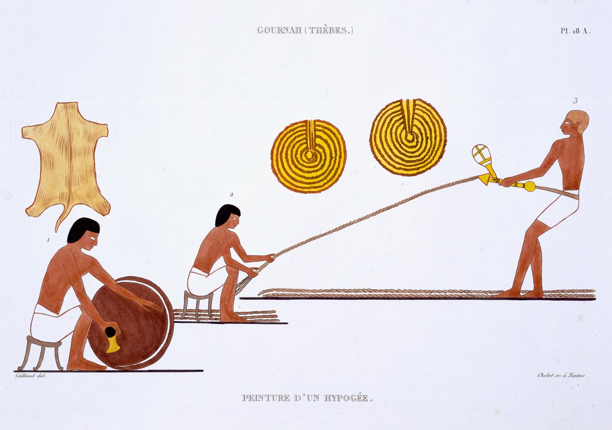 Tanner and Ropemaker, fra en sjælden optegnelse af fresker fra Theben, optaget 1819-1822 på sit andet besøg i Egypten af Frederic Cailliaud (1787-1869), farve litho af Frederic (after) Cailliaud