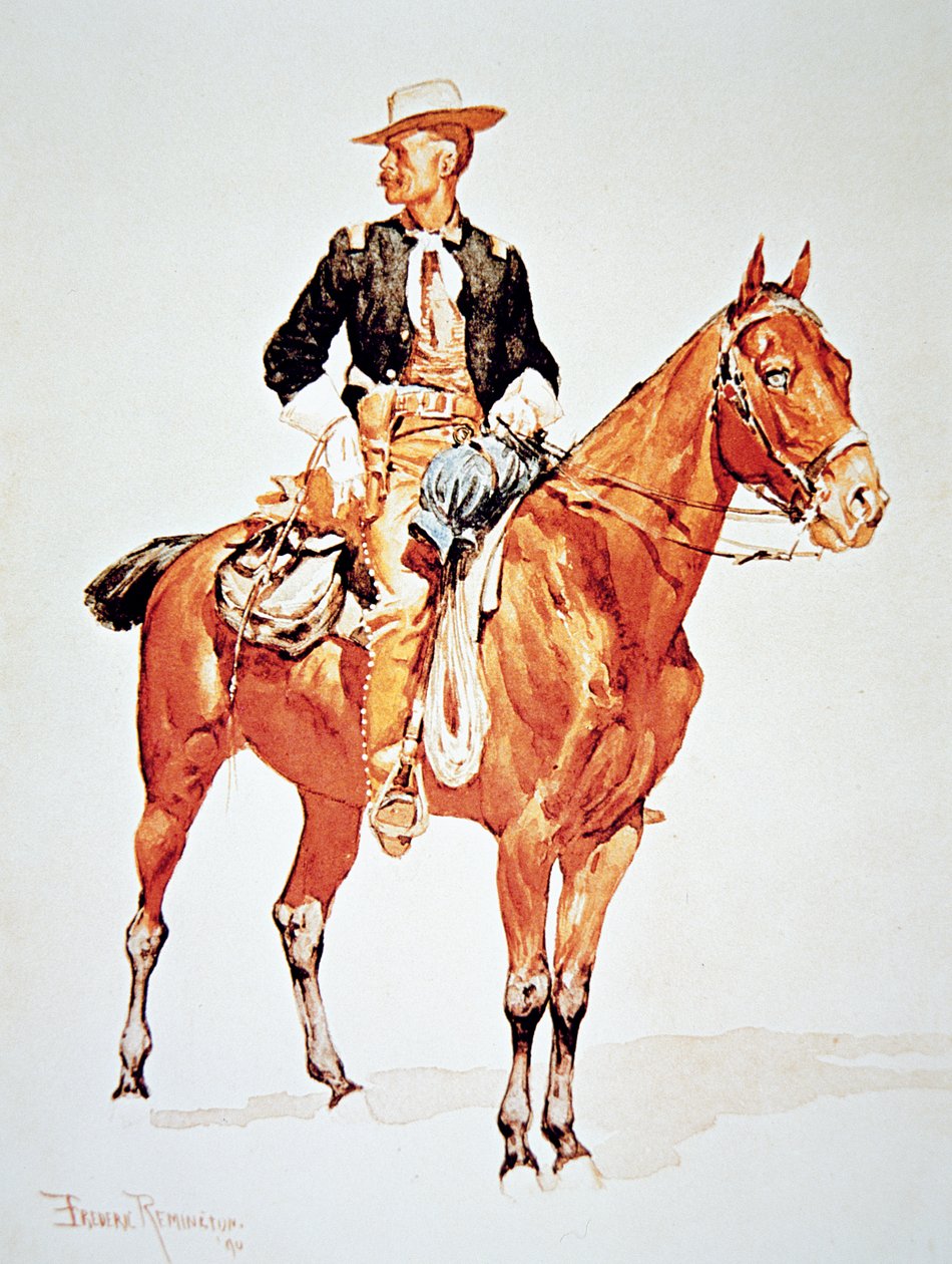 Løjtnant S.C. Robertson, chef for Crow Scouts, fra en akvarel fra 1890 (farve litho) af Frederic (after) Remington