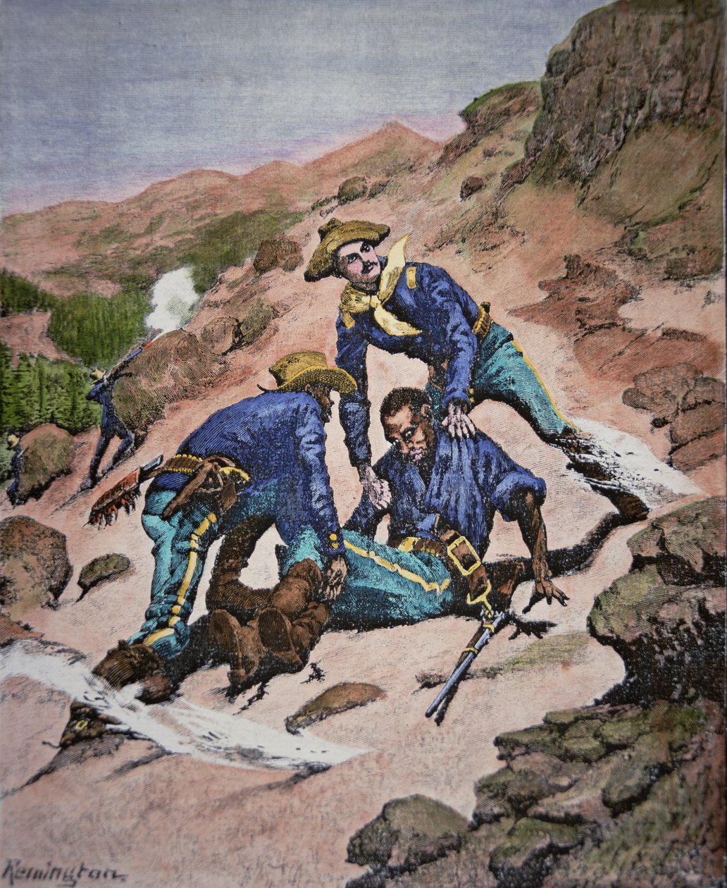 Redningen af korporal Scott under Geronimo-kampagnen i 1886 (farvegravering) af Frederic (after) Remington