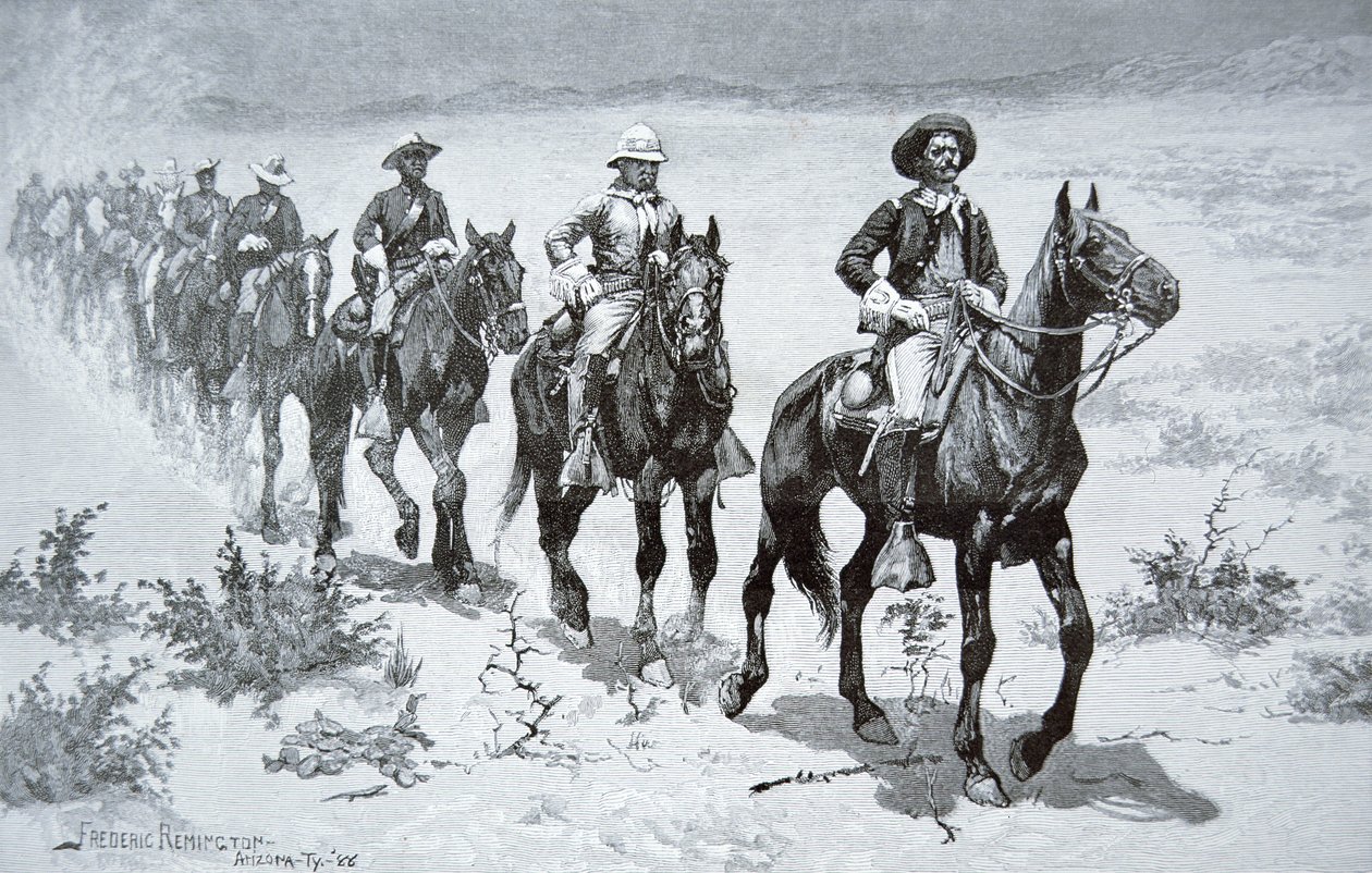 Amerikanske "Buffalo Soldiers" marcherer i ørkenen, efter en tegning fra 1888 (stik) af Frederic (after) Remington