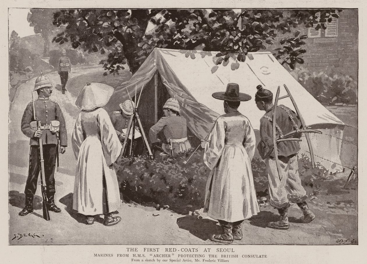 De første rødfrakker ved Seoul (litografi) af Frederic (after) Villiers