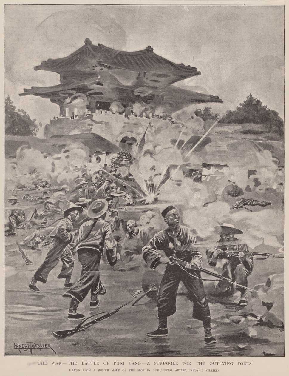 Krigen, slaget ved Ping Yang, en kamp om de yderste forter (litografi) af Frederic (after) Villiers