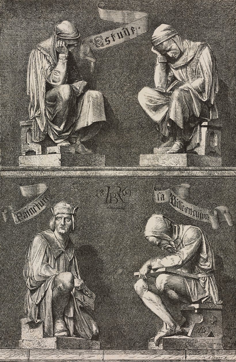 Tutkimuksen allegoria, koristeelliset hahmot Martin Schongauerin patsaan juurella, jonka Auguste Bartholdi (1834-1904) on luonut Unterlindenin luostarille Colmarissa Ranskassa af Frederic Auguste Bartholdi