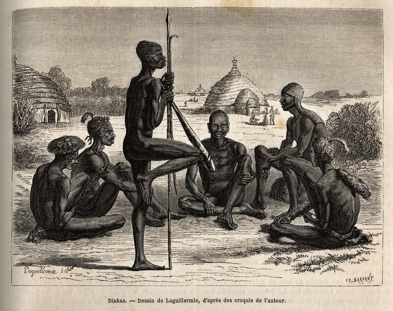 Dinkaer fra landsbyen Koudj (Senegal), hvis krop dækket med aske, for at beskytte dem mod insekter og parasitter er også et kosmetisk og socialt træk, indgraveret efter Laguillermies tegning, der illustrerer rejsen til Afrikas hjerte i 1868-1871 af Frederic Auguste Laguillermie