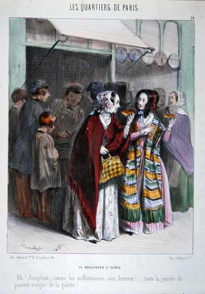 To parisere spiser kage på Boulevard St. Denis, illustration fra serien "Les Quartiers de Paris" (litografi i farver) af Frederic Bouchot