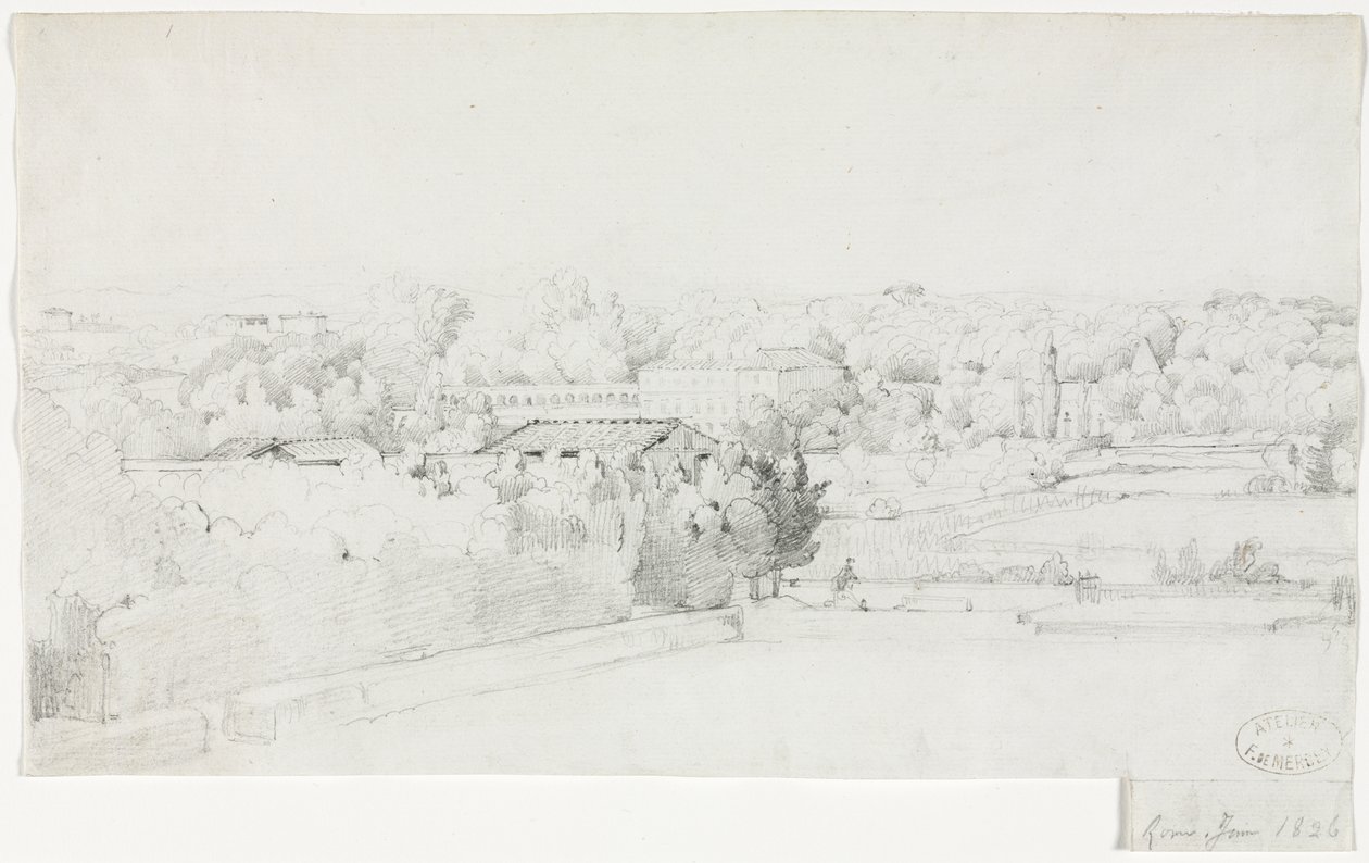 Udsigt over Villa Borghese og dens Orangerie fra Villa Medici af Frederic Bourgeois de Mercey