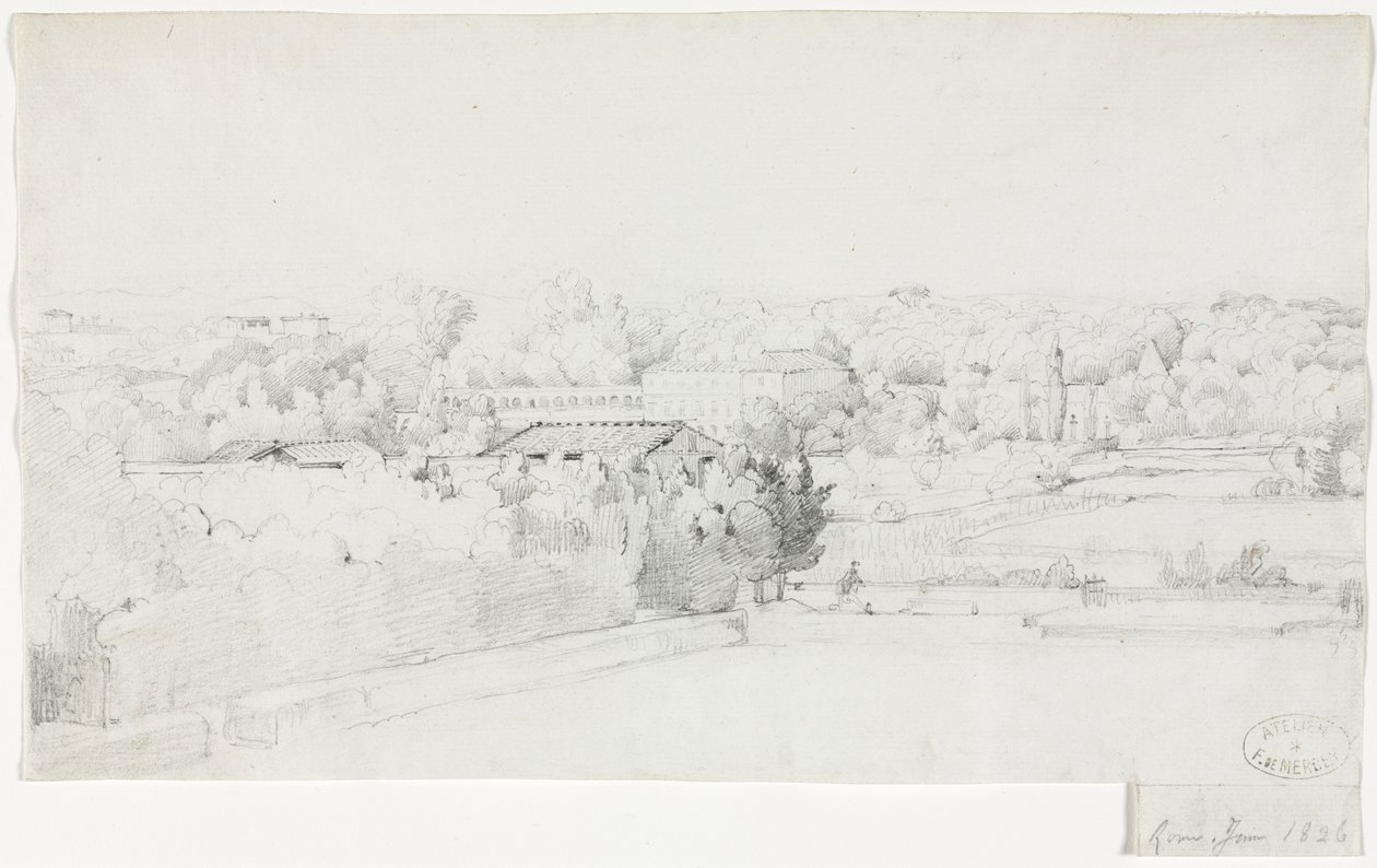 Udsigt over Villa Borghese og dens Orangerie fra Villa Medici, 1826. af Frederic Bourgeois de Mercey