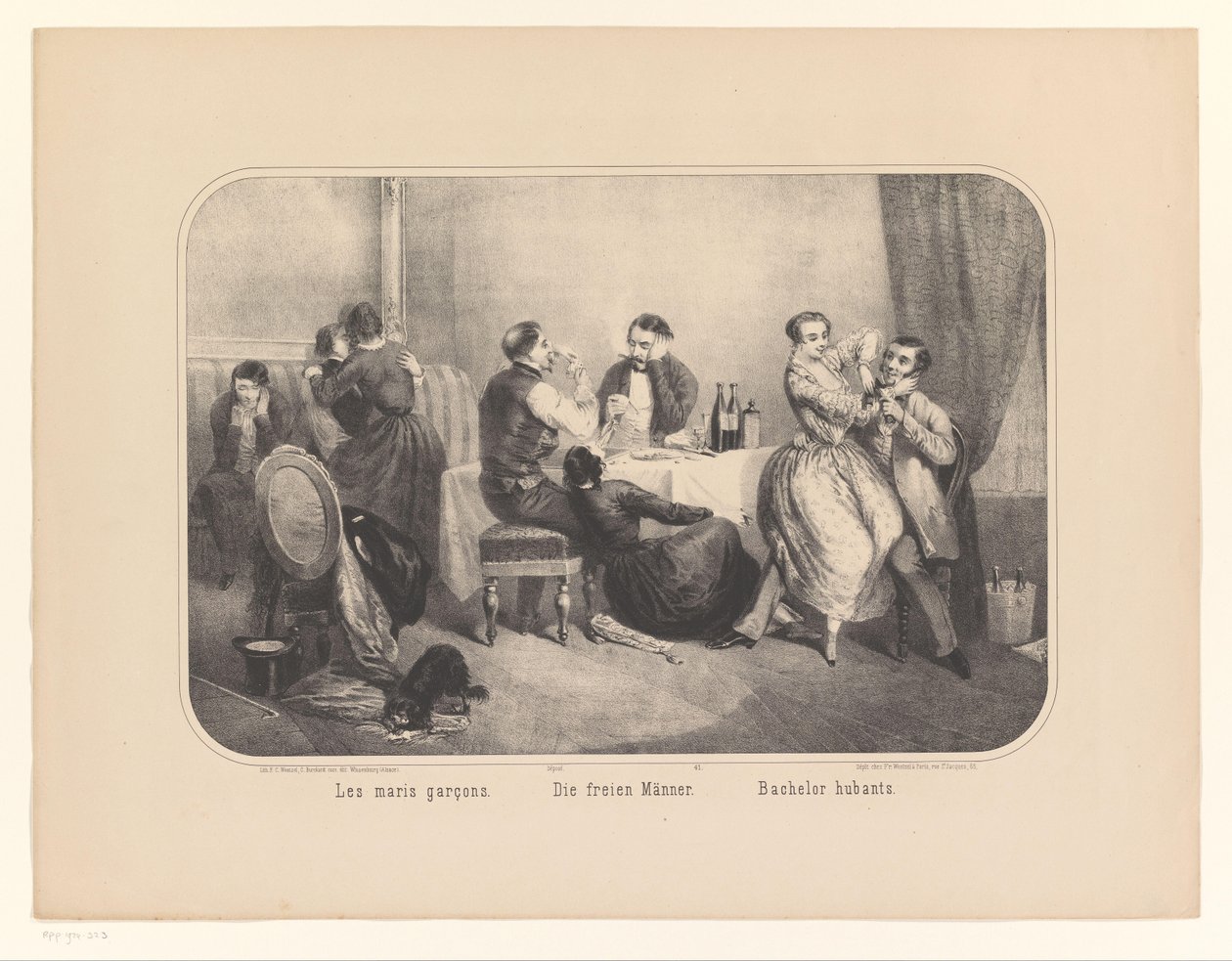 Gruppe af mænd og kvinder i et interiør Les maris garçons / Die freien Männer / Bachelor hubants (titel på objekt) af Frederic Charles Wentzel (possibly)