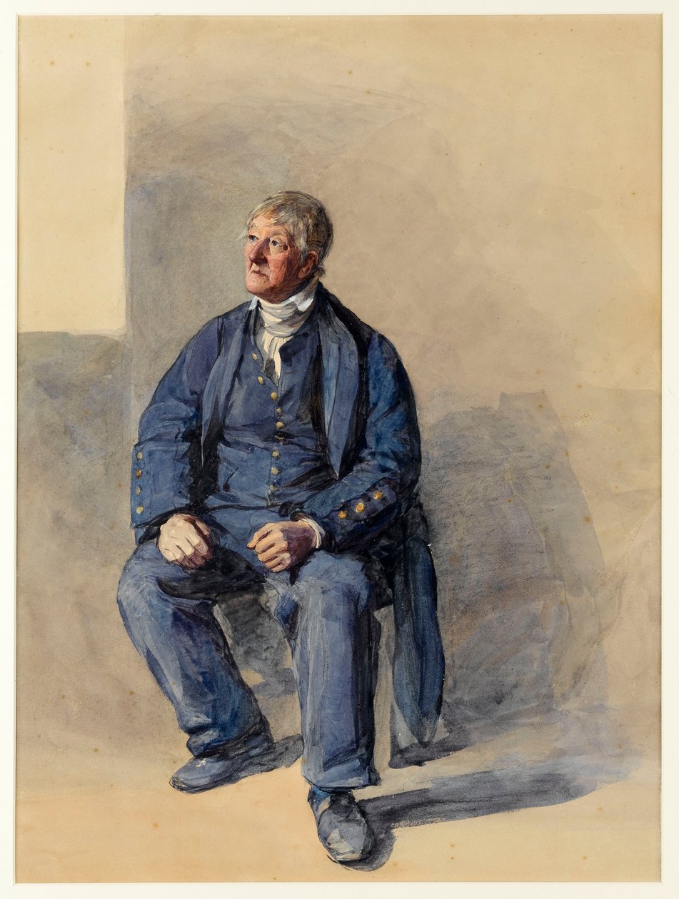Portræt af John Lovell, 70 år gammel. Bargee on Thames as Greenwich Pensioner (akvarel, forstærket med hvid) af Frederic Cruikshank