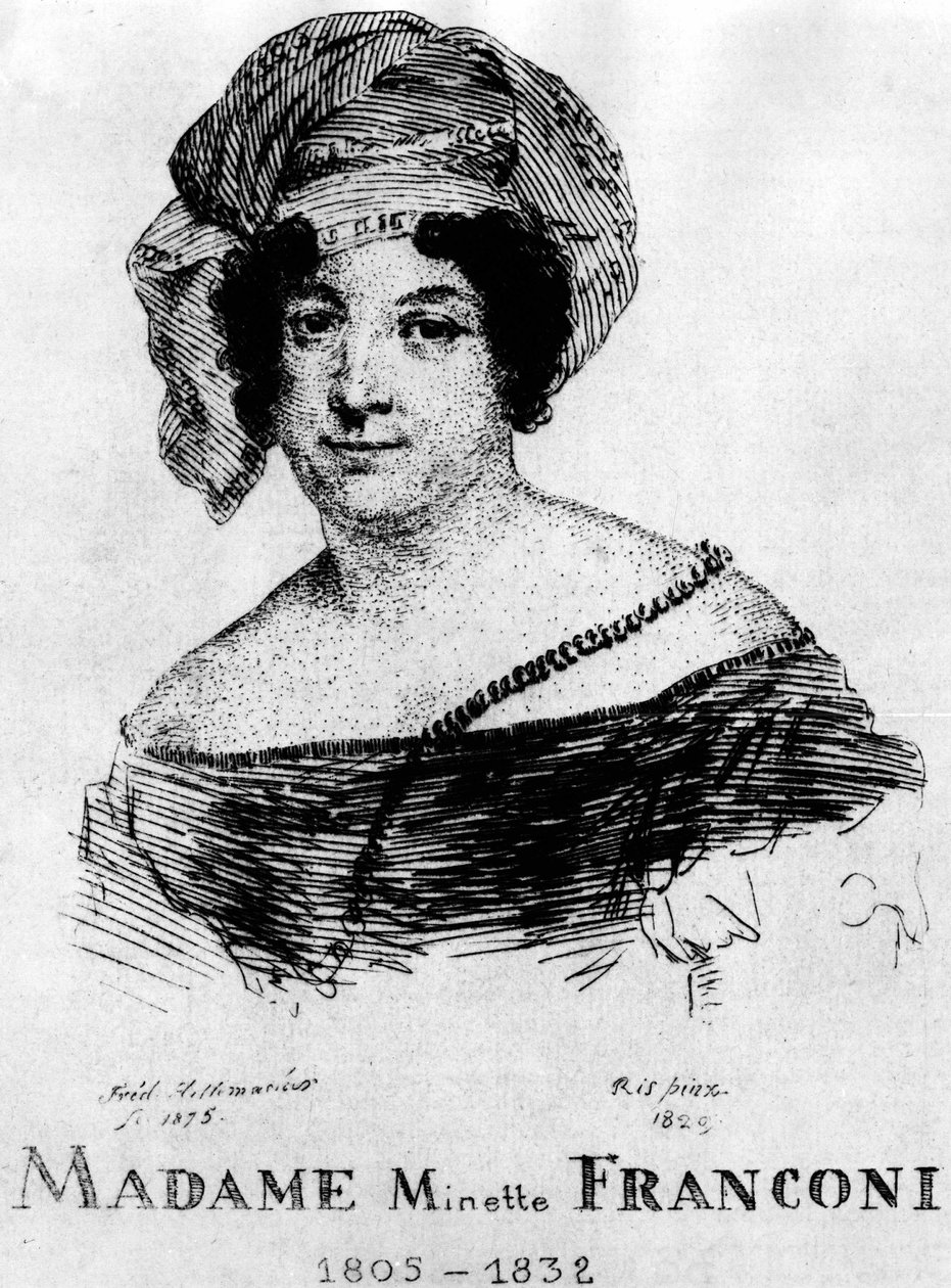 Cirkus: Eau forte af Frédéric Hillemacher, portræt af Mrs. Minette Franconi (1805-1832) - i "The Franconi Circus"". af Frederic Desire Hillemacher