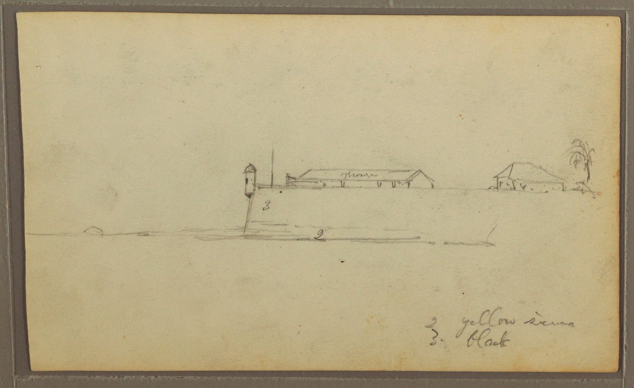 Tegning, et fort; bagside: Botaniske skitser, hus, 1857 af Frederic Edwin Church