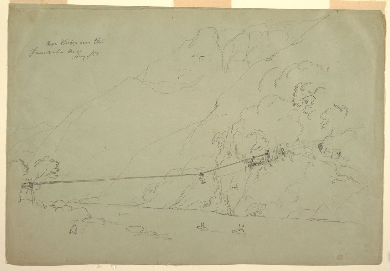 Tegning, En rebbro i Colombia, august 1853 af Frederic Edwin Church