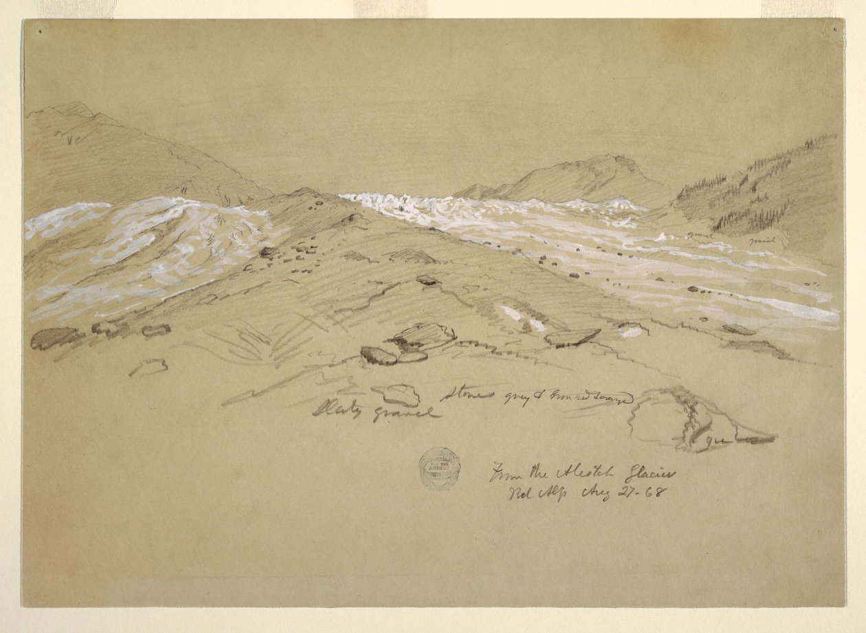 Tegning, Aletsch-gletsjeren, Berner Alperne, Schweiz, 28. august 1868 af Frederic Edwin Church