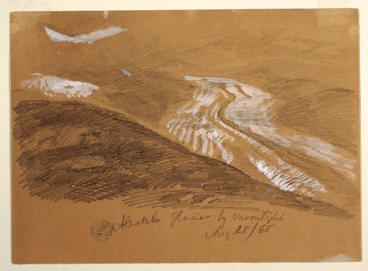Tegning, Aletsch-gletsjeren i måneskin, Berner Alperne, Schweiz, 28. august 1868 af Frederic Edwin Church