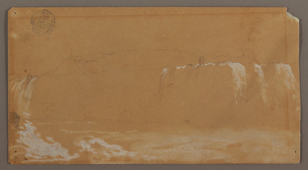 Tegning, American Falls, Goat Island og en del af Horseshoe Falls, set fra den canadiske bred af Niagara-floden, muligvis 1858 af Frederic Edwin Church