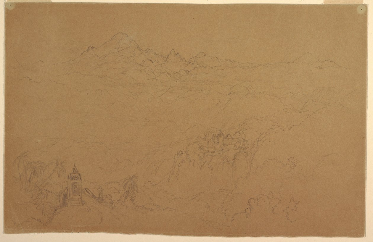 Tegning, landskab i Andesbjergene, juli 1853 af Frederic Edwin Church