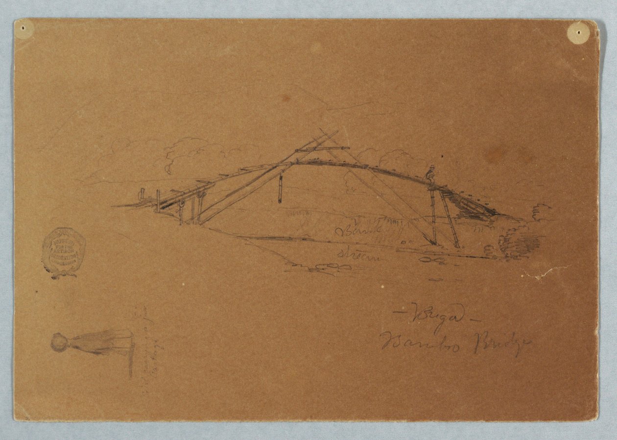 Tegning, Bambusbro ved Buga, Colombia og pige med krukke, Cartago, Colombia, juli 1853 af Frederic Edwin Church