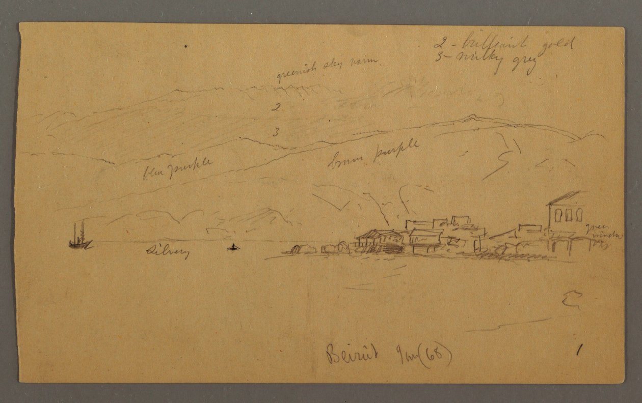 Tegning, bugt med huse og bjerge bagved, januar 1868 af Frederic Edwin Church