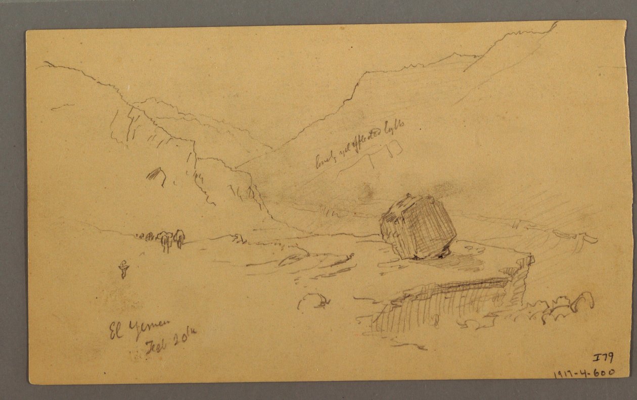 Tegning, bugt med huse og bjerge bagved, januar 1868 af Frederic Edwin Church